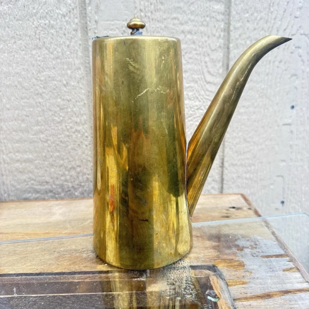 Vintage Mid Century Modern Tall Brass Coffee Tea Pot Japan Side Handle MCM